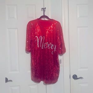 HOLIDAY SEQUIN SHIRT DRESS! Red sequin on full front with “Merry” in Silver.